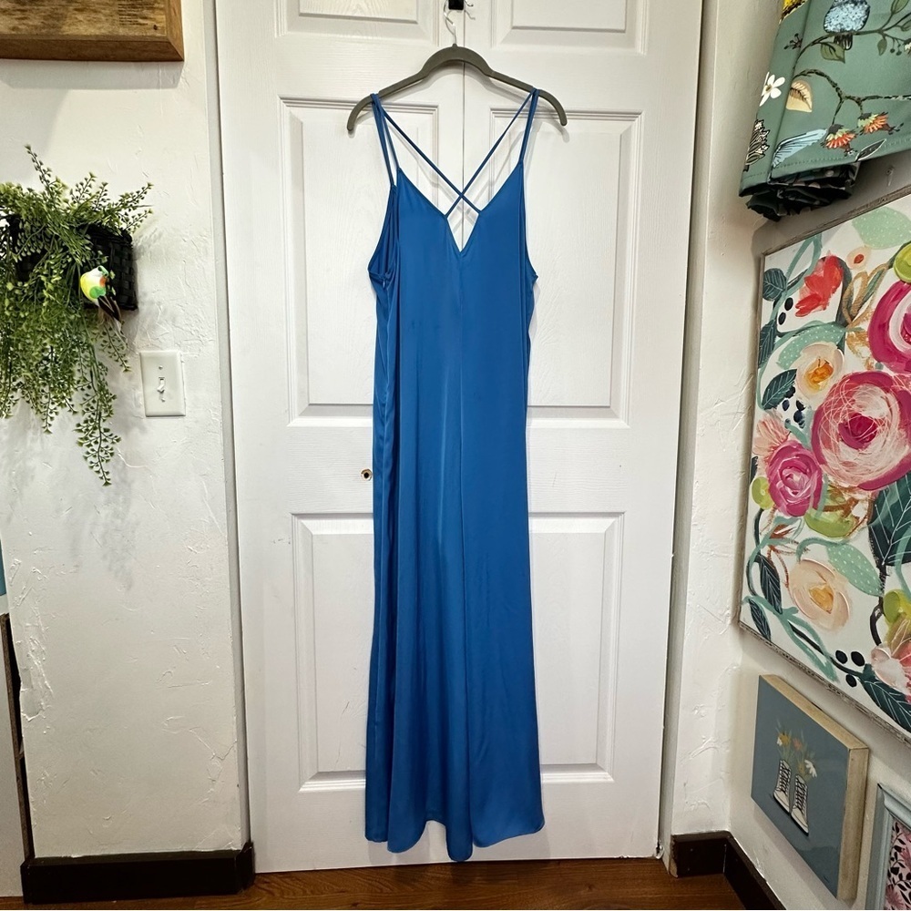 Zara Royal Blue Satin Wide Leg Romper Spaghetti Strap Deep V Large NWOT